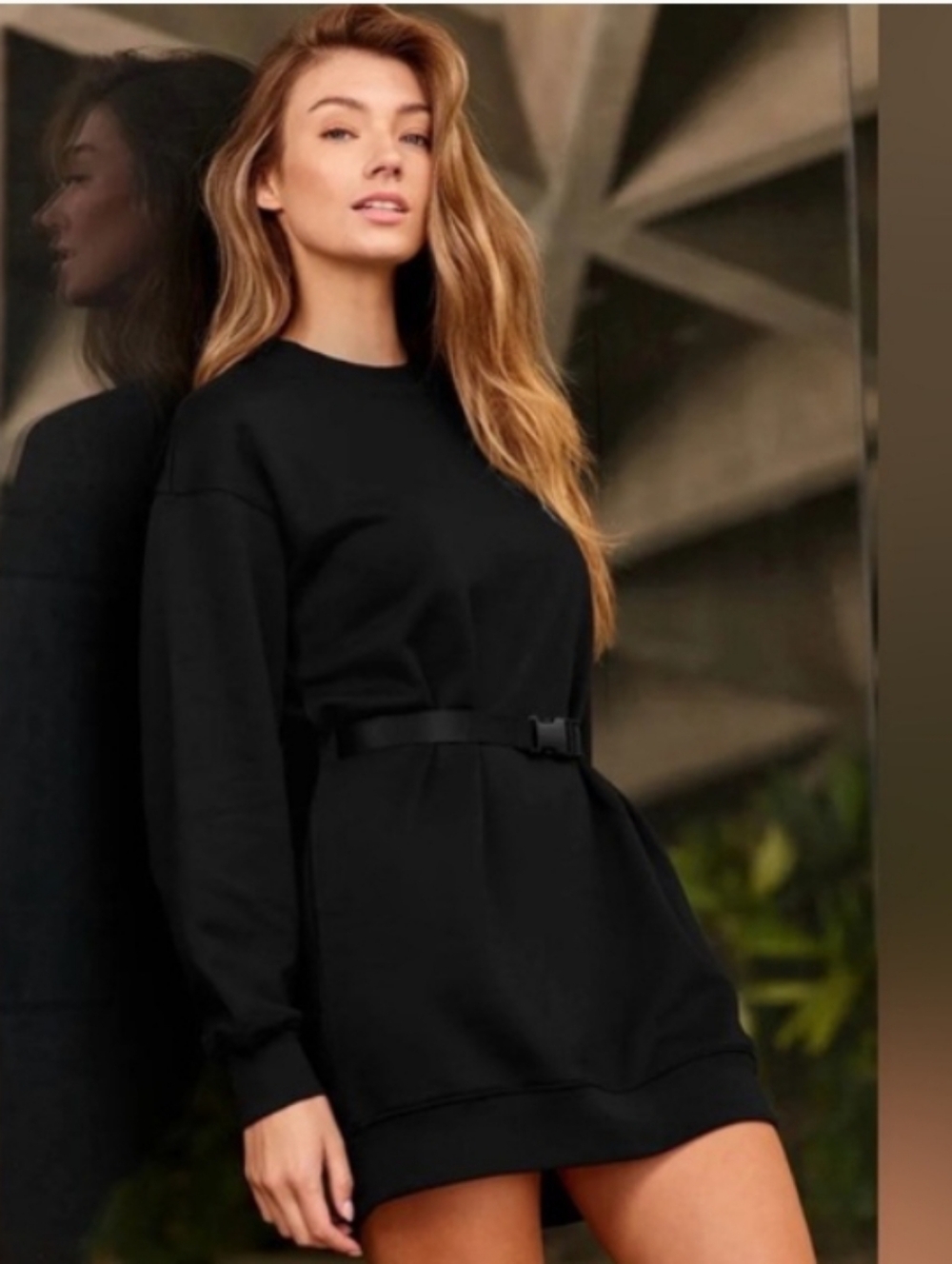 Alo Cityscape Sweatshirt Dress Black Belted Belt Edgy Long Sleeve Sweater Mini